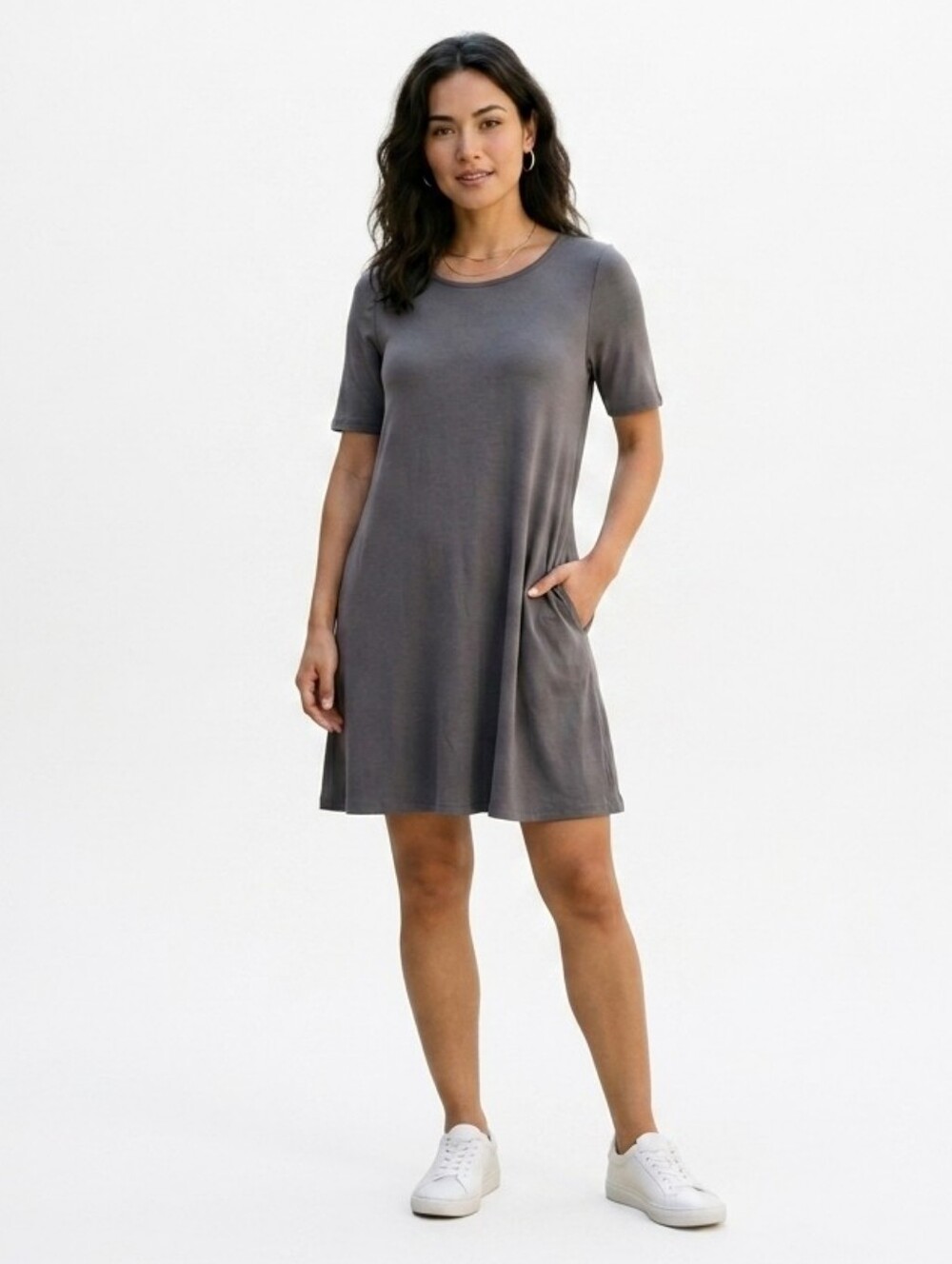 Eileen Fisher Petite TENCEL Lyocell Jersey Short Sleeve Shift Dress Gray Size PP